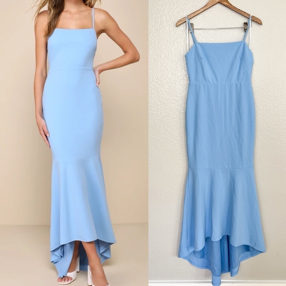 NWOT Stunning Enchantment Light Blue Backless Trumpet Hem Maxi Dress